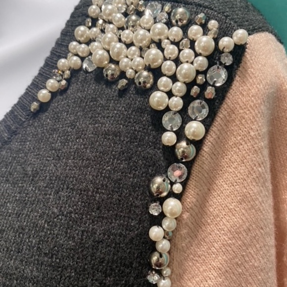 Grey and Pink Sweater Dress with Pearls and Rhinestone Accents - Picture 12 of 16